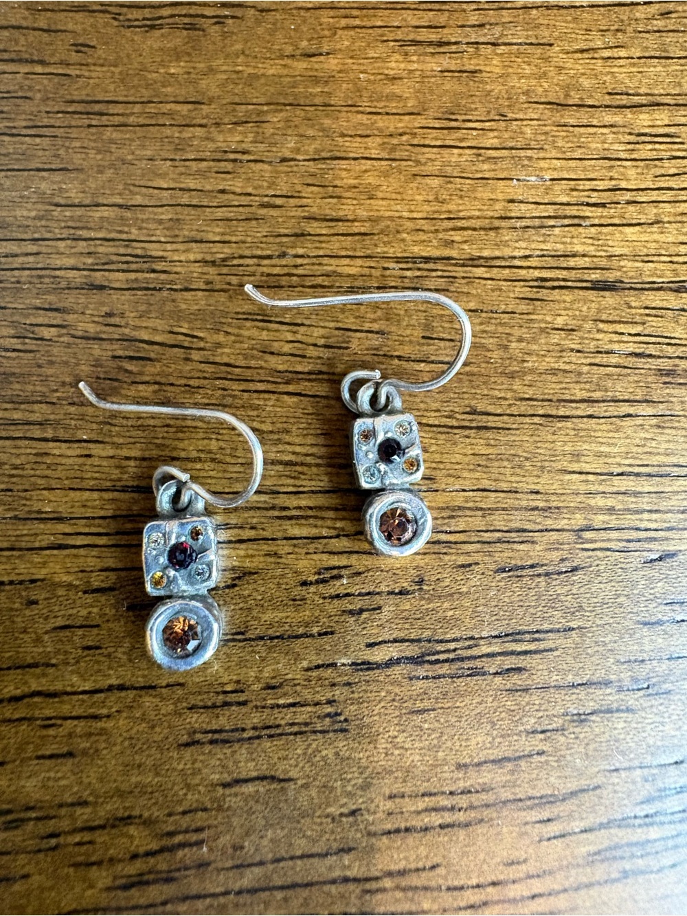 Patricia Locke Artistic Silver Drop Earrings with Amber and Ruby Crystals Signed